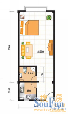 百家湖花园伦敦城户型图 1室  1室1厅1卫1厨 47.00㎡