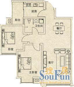 明星花苑户型图 2室2厅1卫1厨 80.00㎡