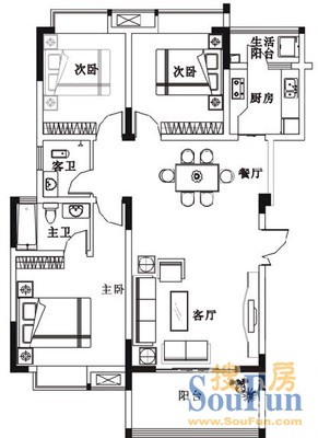 西湖山水西湖山水 3室 户型图 3室2厅2卫1厨 120.00㎡