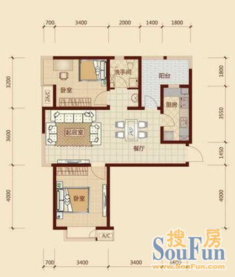 海悦居2室 户型图 2室1厅1卫1厨 83.00㎡