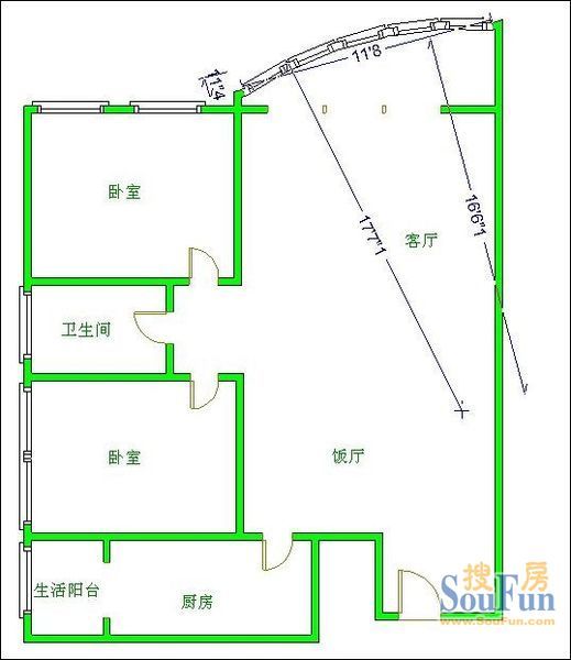 西府花园户型图&nbsp;2室2厅1卫1厨 89.00㎡