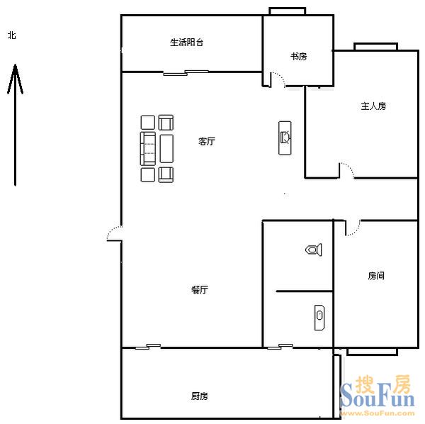 天河财政局宿舍3室2厅户型图  3室2厅1卫1厨 95.00㎡