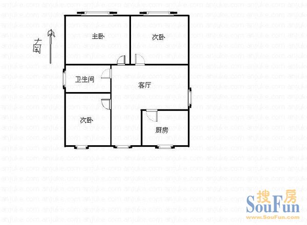 宝钢九村户型 3室1厅1卫1厨 90.00㎡