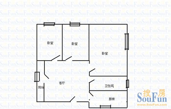 新运公寓3室2厅2卫1厨 户型图 3室2厅2卫1厨 109.00㎡
