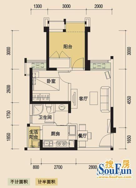 华润二十四城二期户型图&nbsp;1室2厅1卫1厨 56.00㎡