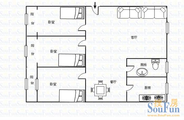 紫薇公寓3室2厅1卫1厨 户型图 3室2厅1卫1厨 118.00㎡