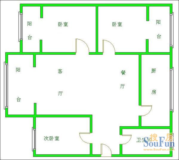 裕鑫苑裕鑫苑 3室 户型图 3室2厅1卫1厨 98.00㎡