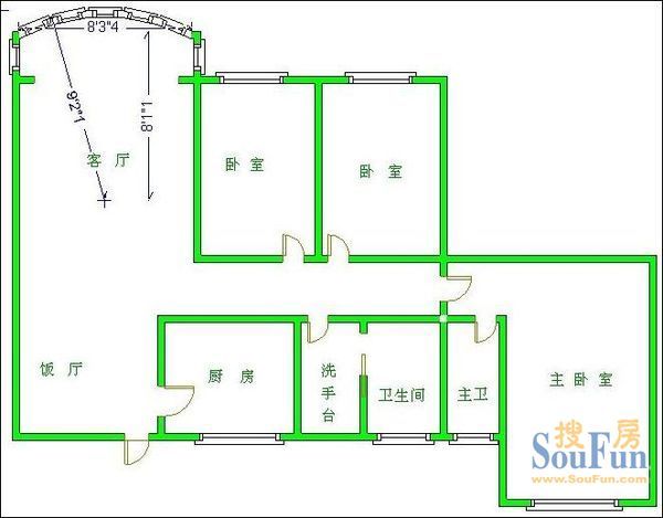富港花园户型图&nbsp;3室2厅2卫1厨 142.00㎡