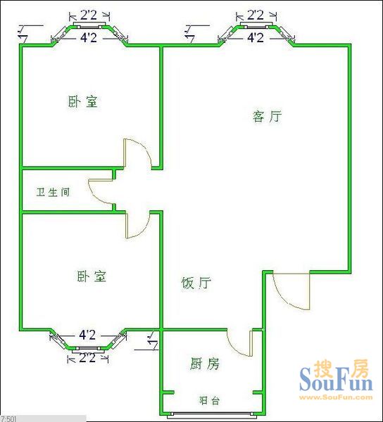 欧美苑户型图 2室2厅1卫1厨 80.00㎡