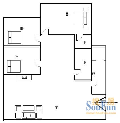 汇融云庭户型图 3室1厅2卫1厨 100.00㎡