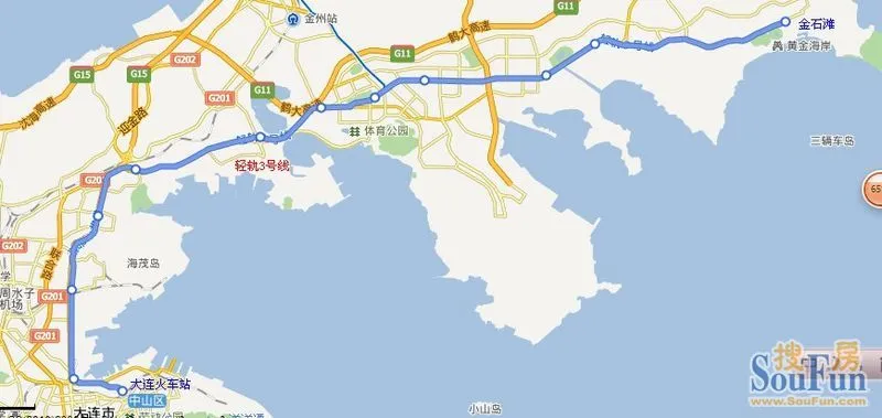 15公里,起点于火车站,终点至金石滩,沿线设香炉礁站,金家街(小区网