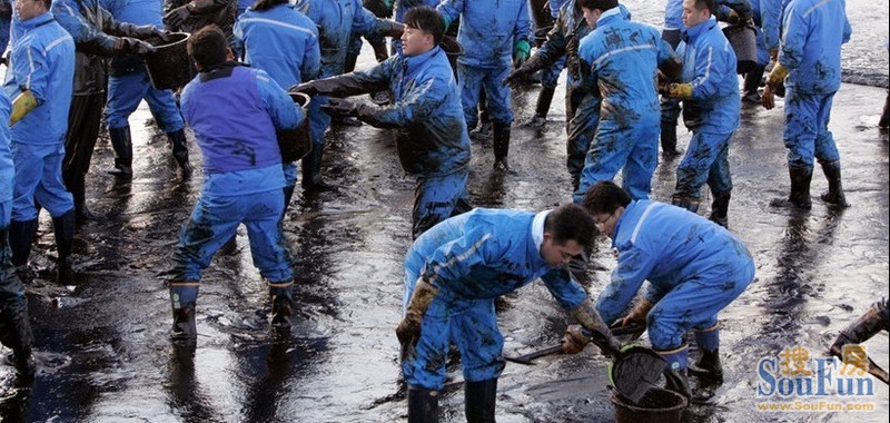 参与清理油污行动的人员,统一身着连体安全服,脚穿橡胶雨靴,以防身体