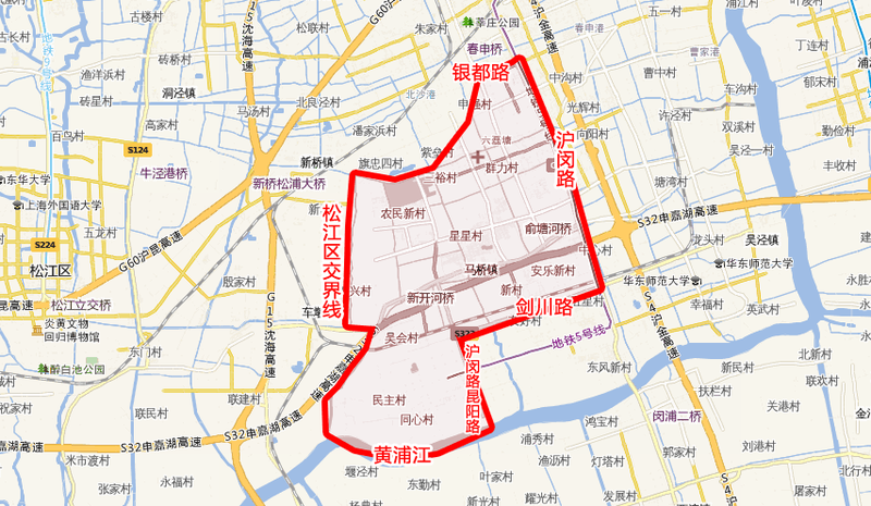 东临竹港河,东川路以北部分与马桥镇相连,以南部分与江川路街道相连