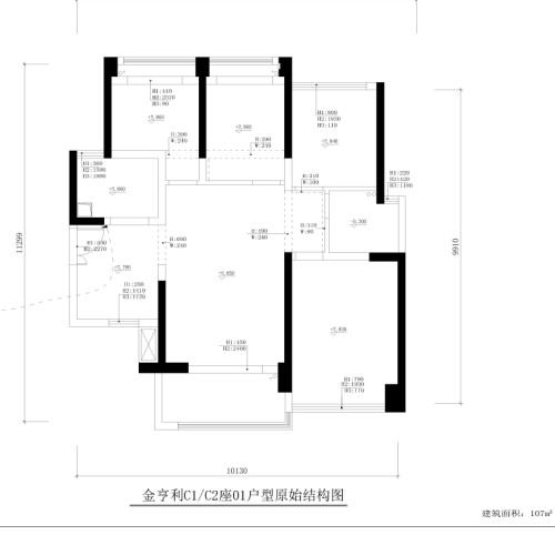 金亨利c1 c2座01户型,金亨利都荟首府现代简约107平米四居室装修设计