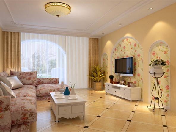 65平米的田园风格系列的家温馨,优雅又实用,暖色印花壁纸装饰的电视