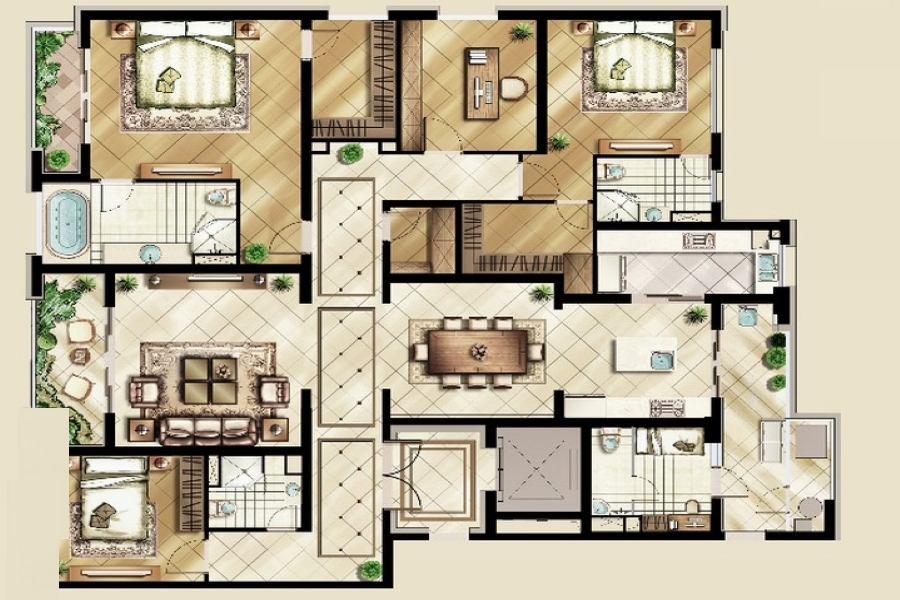 复地北桥城公寓-现代简约-157平米四居室户型图装修图片