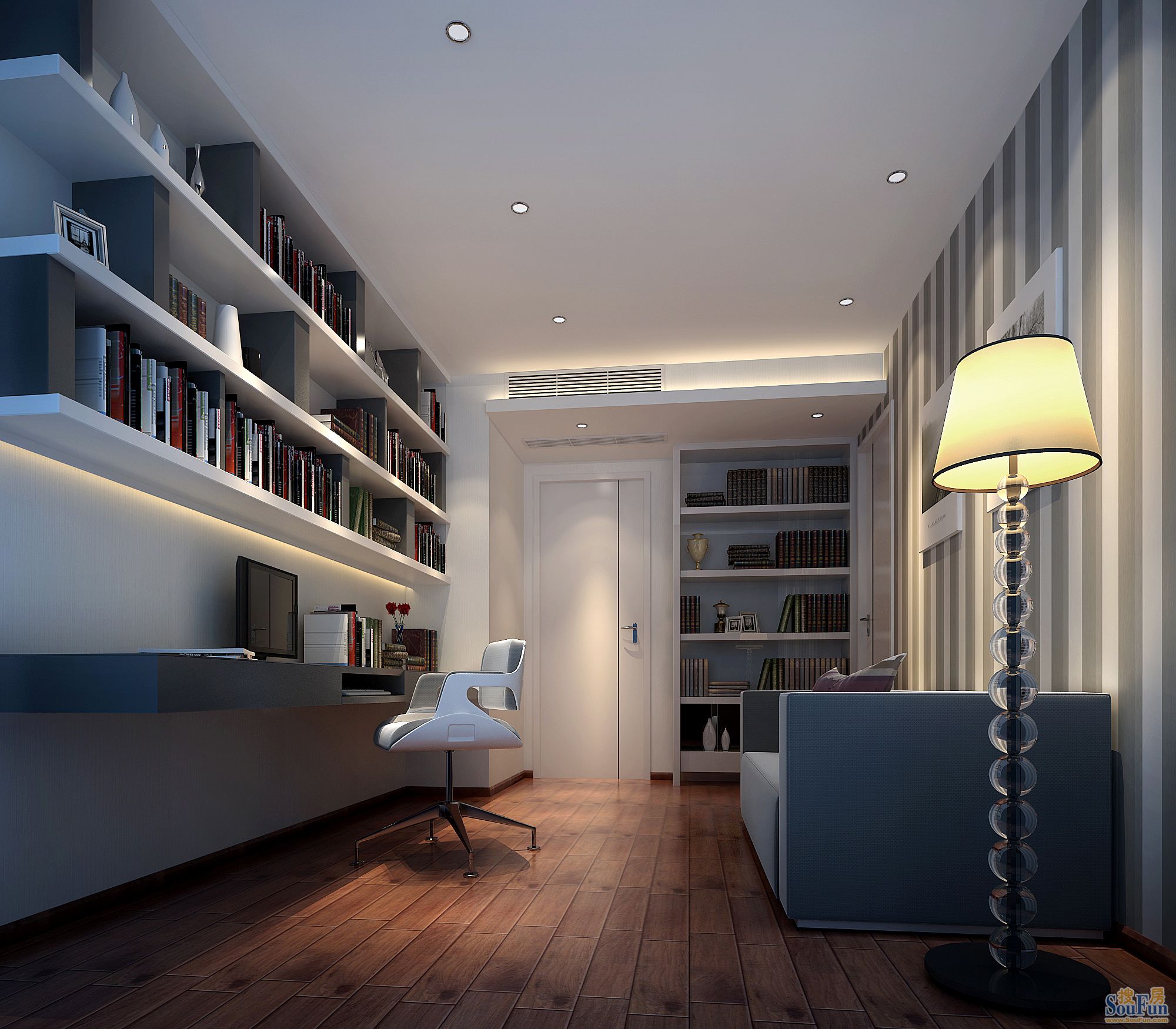 书房效果图:整个空间光线明朗,灯光柔和,加以现代元素的烘托,使整个