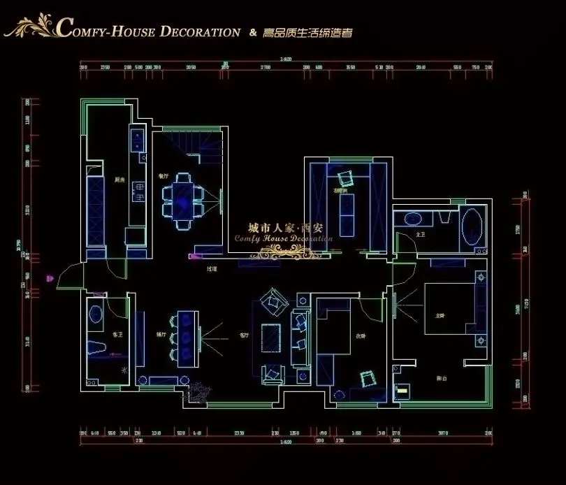 龙湖紫都城-三居室-127㎡-户型图装修效果图