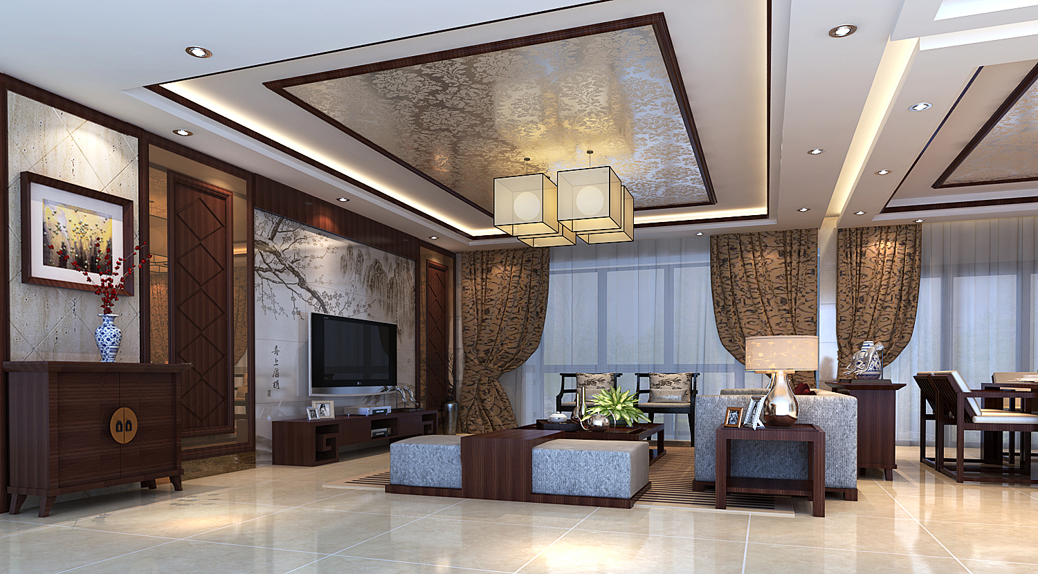 新中式风格-4居室-大气、奢华、上档次。