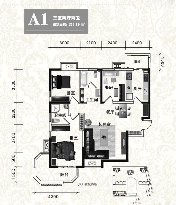 西岸国际花园-118平米-三居室-欧式风格-户型平面图