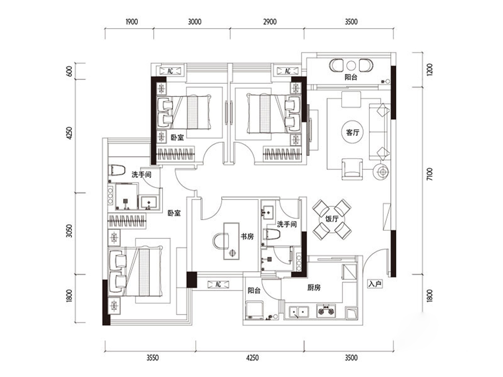 天健·上城-四居室-102.00平米-装修设计