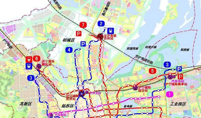 蘇州市軌道交通近期建設規劃圖(2015-2020),7條軌道線,新汽車站