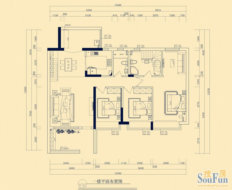 恒大绿洲一层挑高-混合型风格-三居室