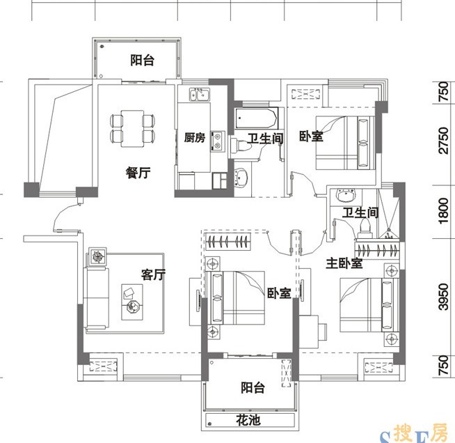 青城国际-混合型风格-三居室