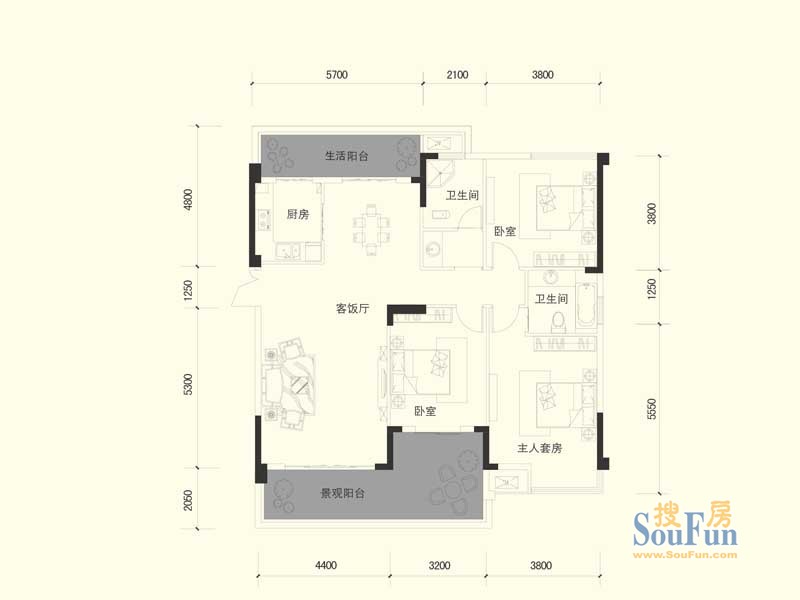 通用时代国际社区-混合型风格-三居室