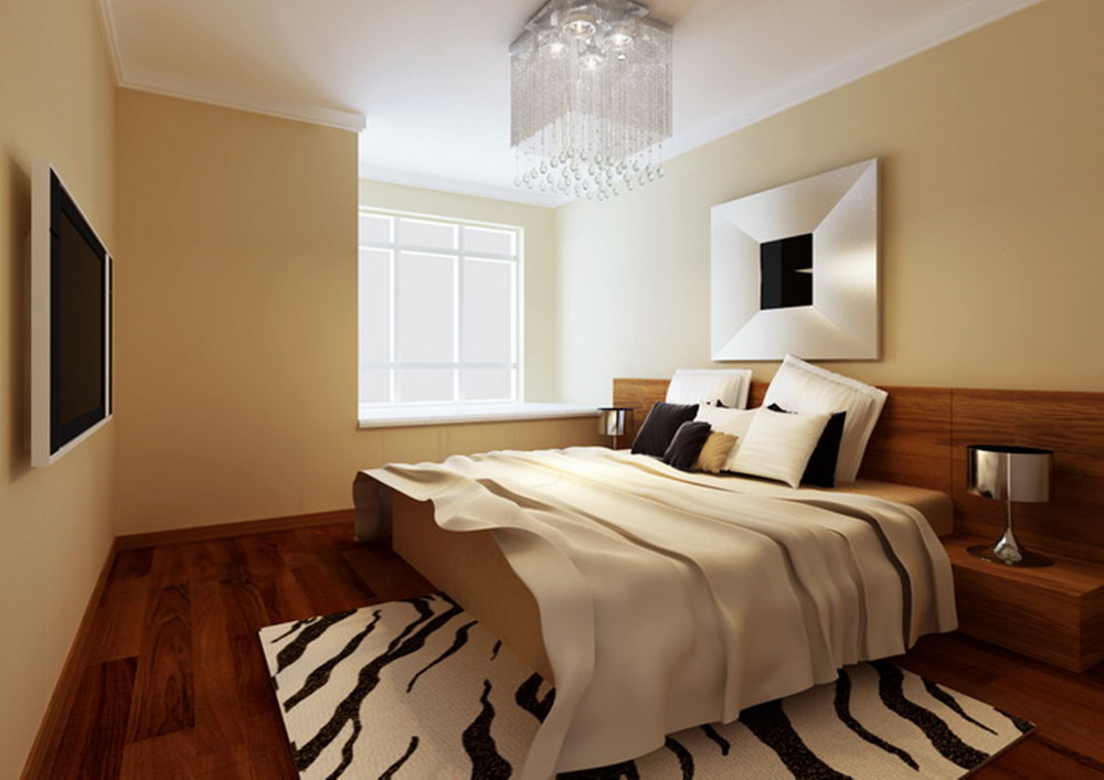 卧室的墙面用了暖色的米色调乳胶漆涂刷,地板也选用了暖色调的实木