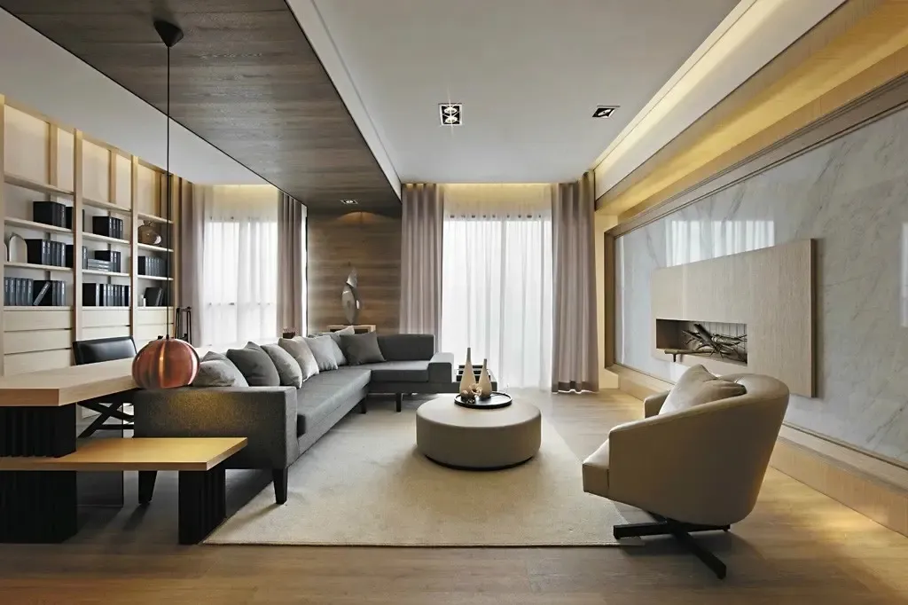 再简约的设计风格中,多数采用线与面的结合,来产生空间的质地感