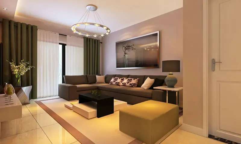 沙发采用深灰色系的色彩,搭配墙面的暖色以及地砖地毯