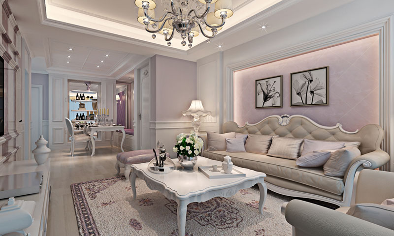 浪漫紫色搭配纯白欧式，惹人怜爱的两居室
