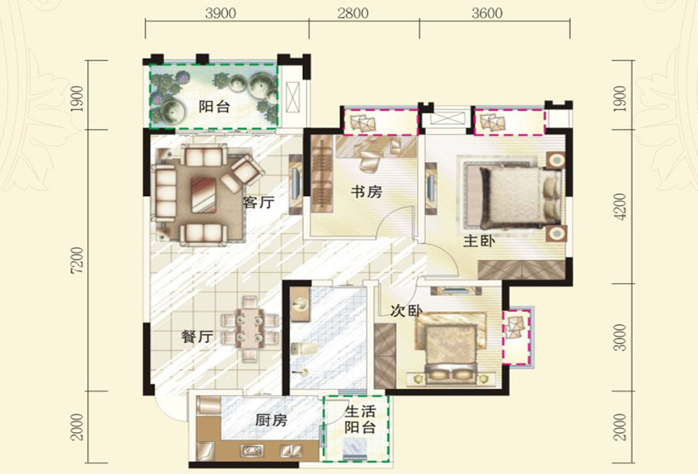 通瑞月光湖三居室现代风格