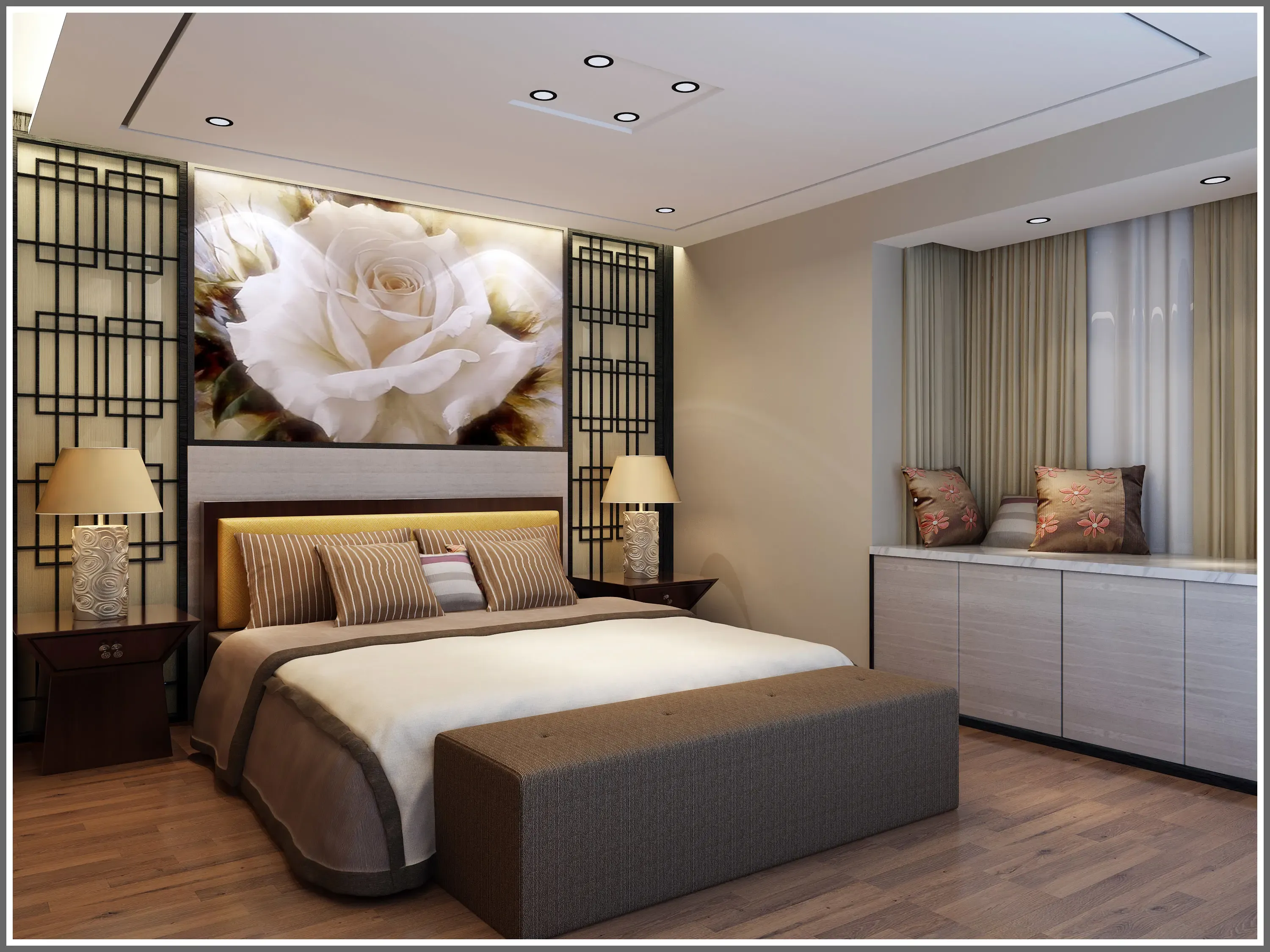 床背景花画与简单的竖条花格相陪衬,简而美.