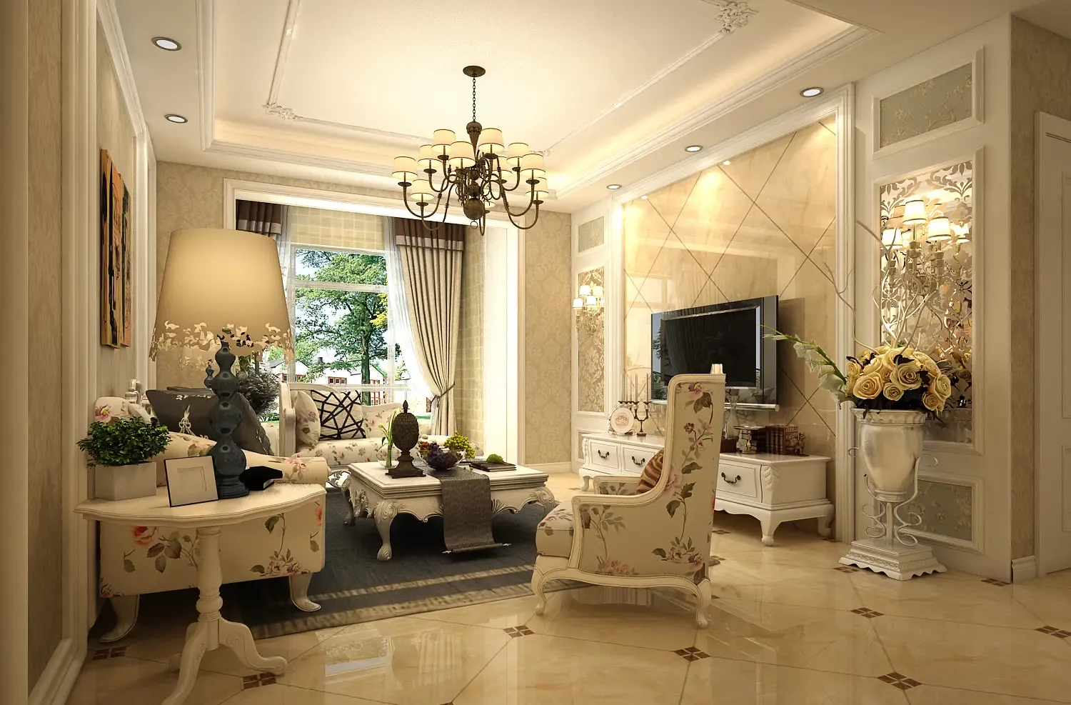 天朗春城-110平米-两居室-田园简欧风格-客厅装修效果图