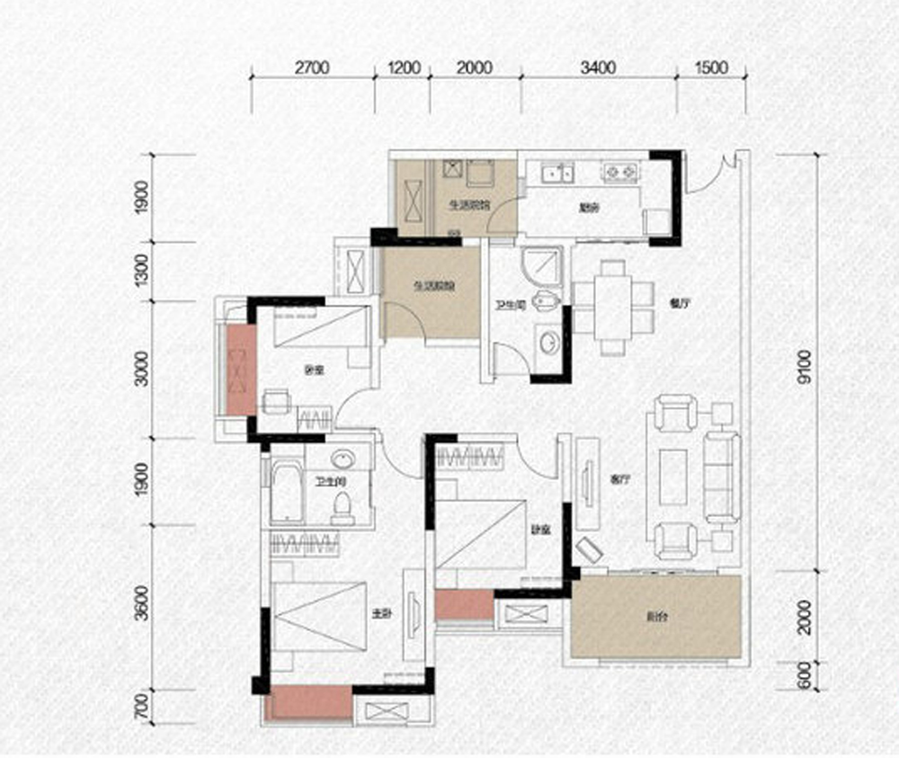 保利江上明珠锦园3居室现代风格装修案例