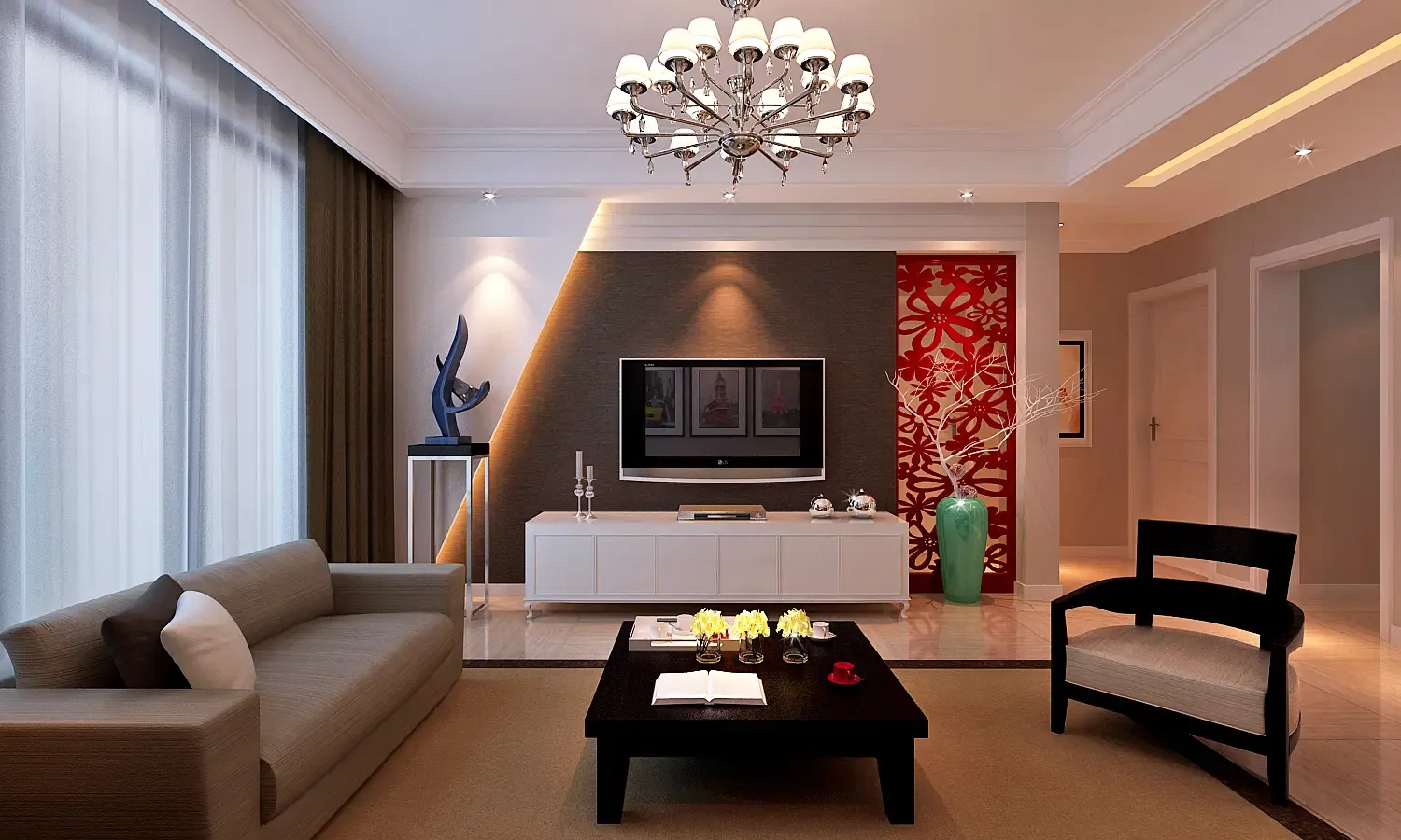 天下锦城—三居室—现代简约风格 电视背景墙设计的很有创意哦