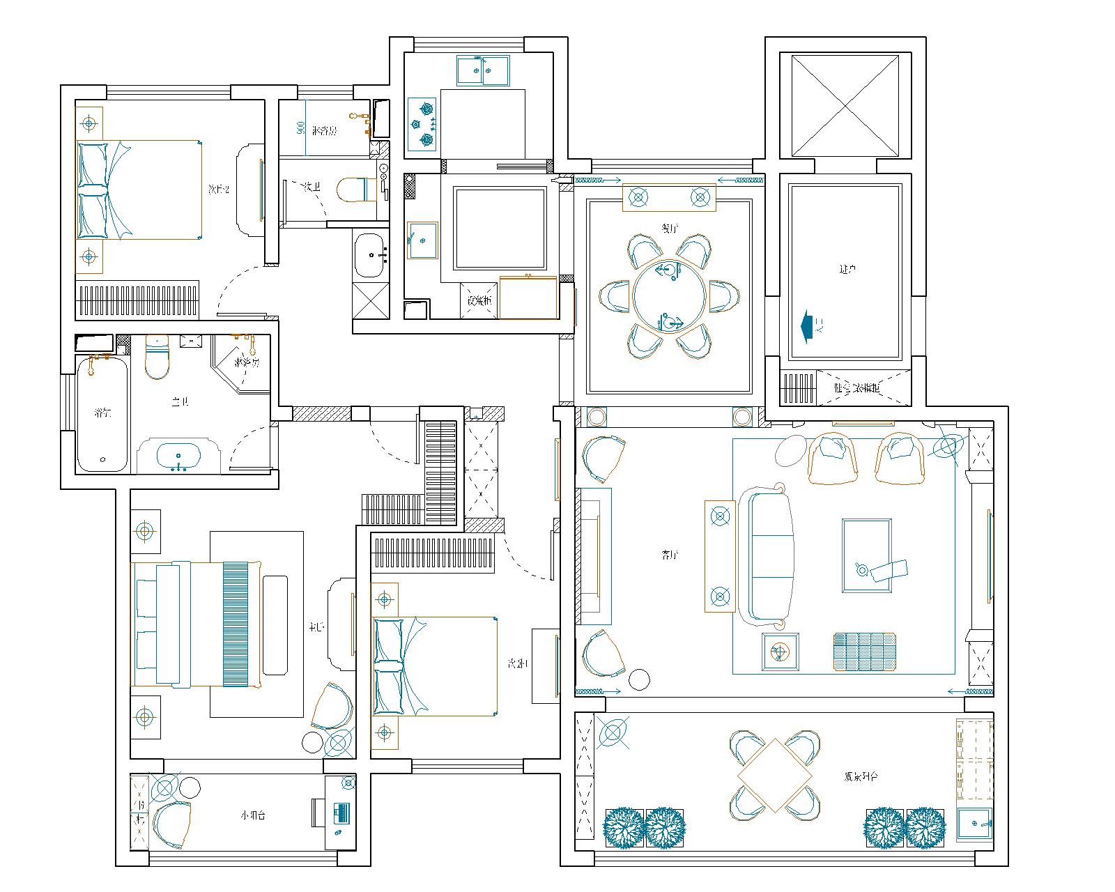 誉品谷水湾171平三居室户型新中式风格设计